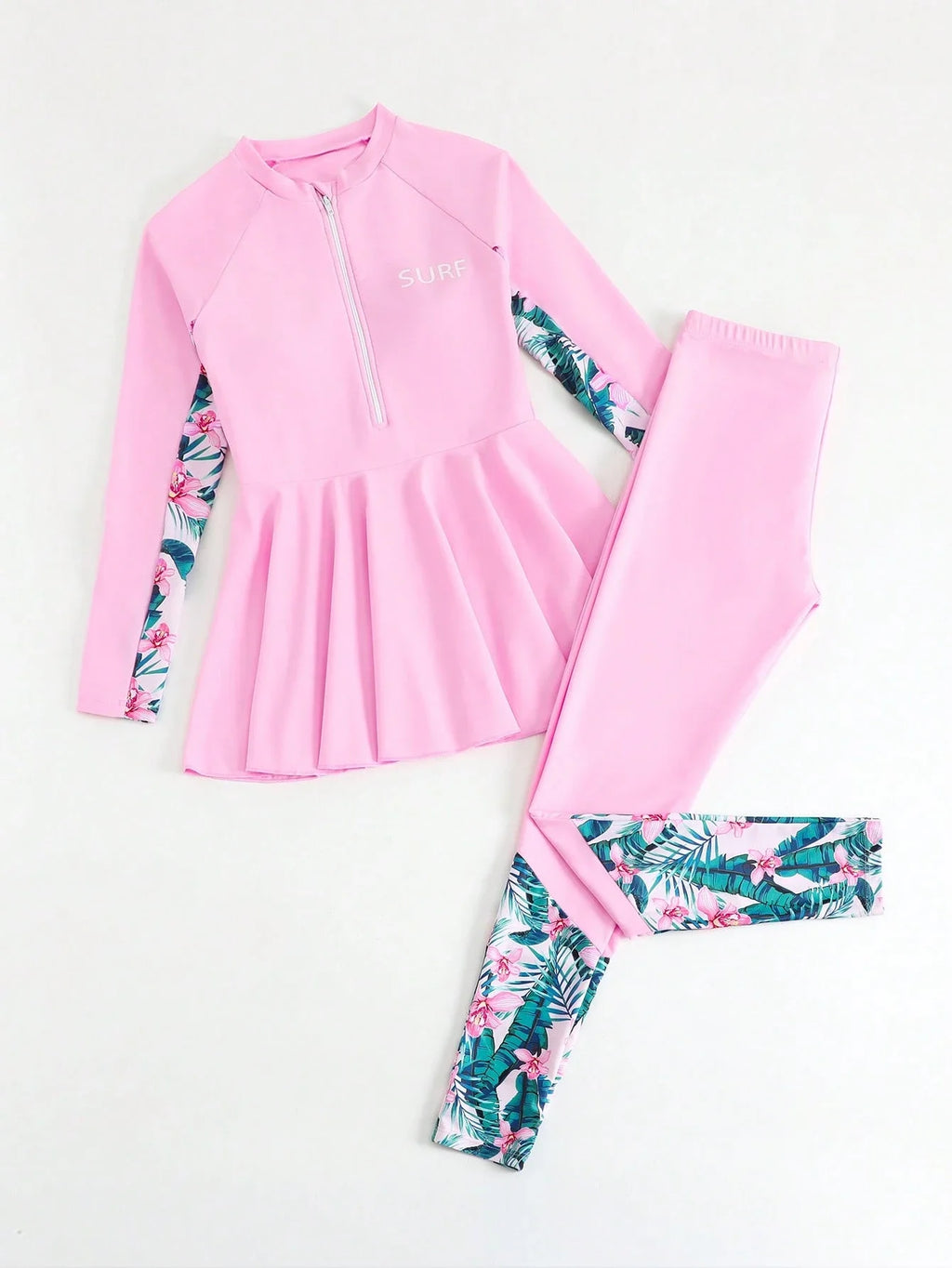 Pink Tropical Print Patchwork Rash Guard Set For Women Beach Vacation Swimwear