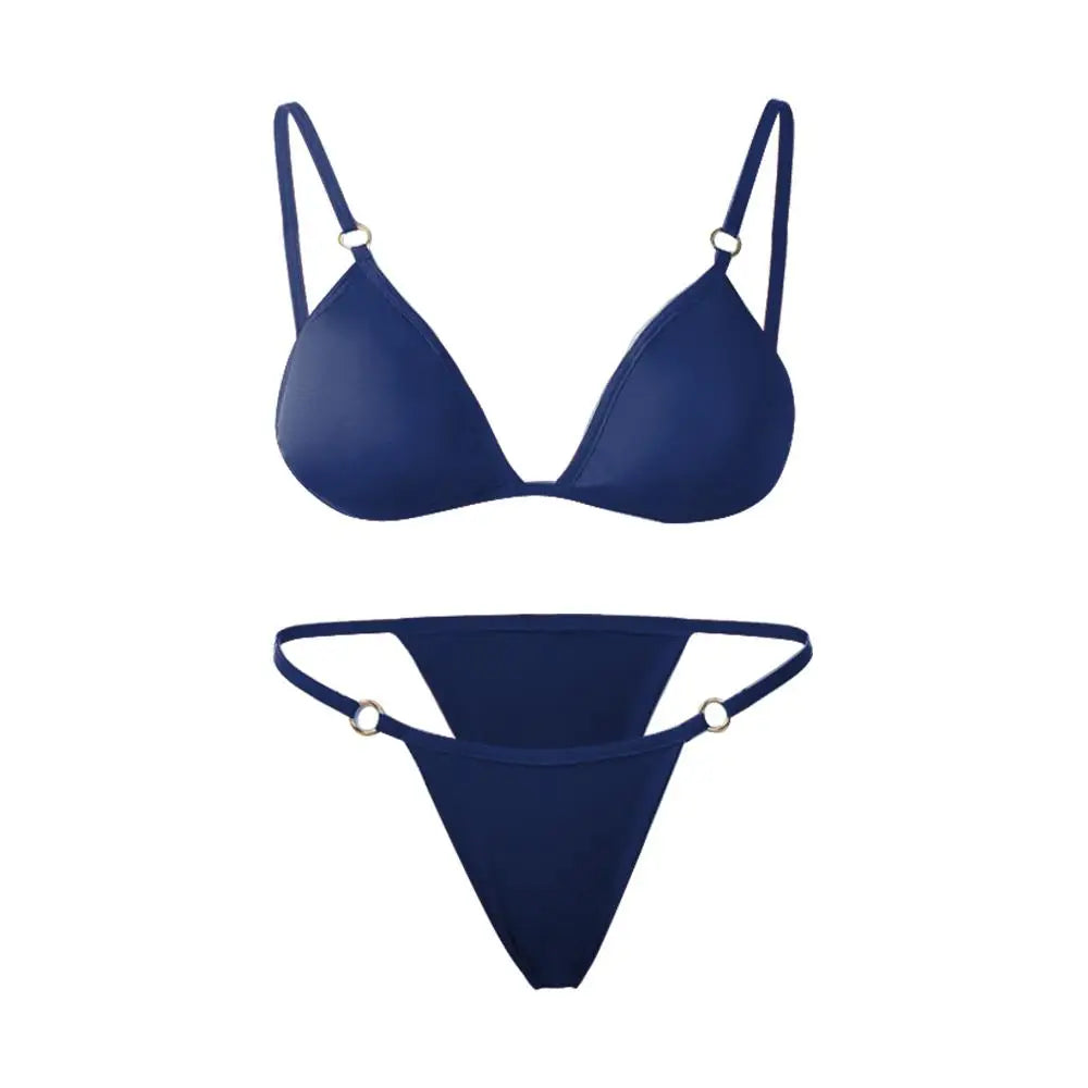 Vacation Woman Girl Solid Color Metal Buckle Sling Backless Split Swimwear Bikini Set Two Piece Swimsuit