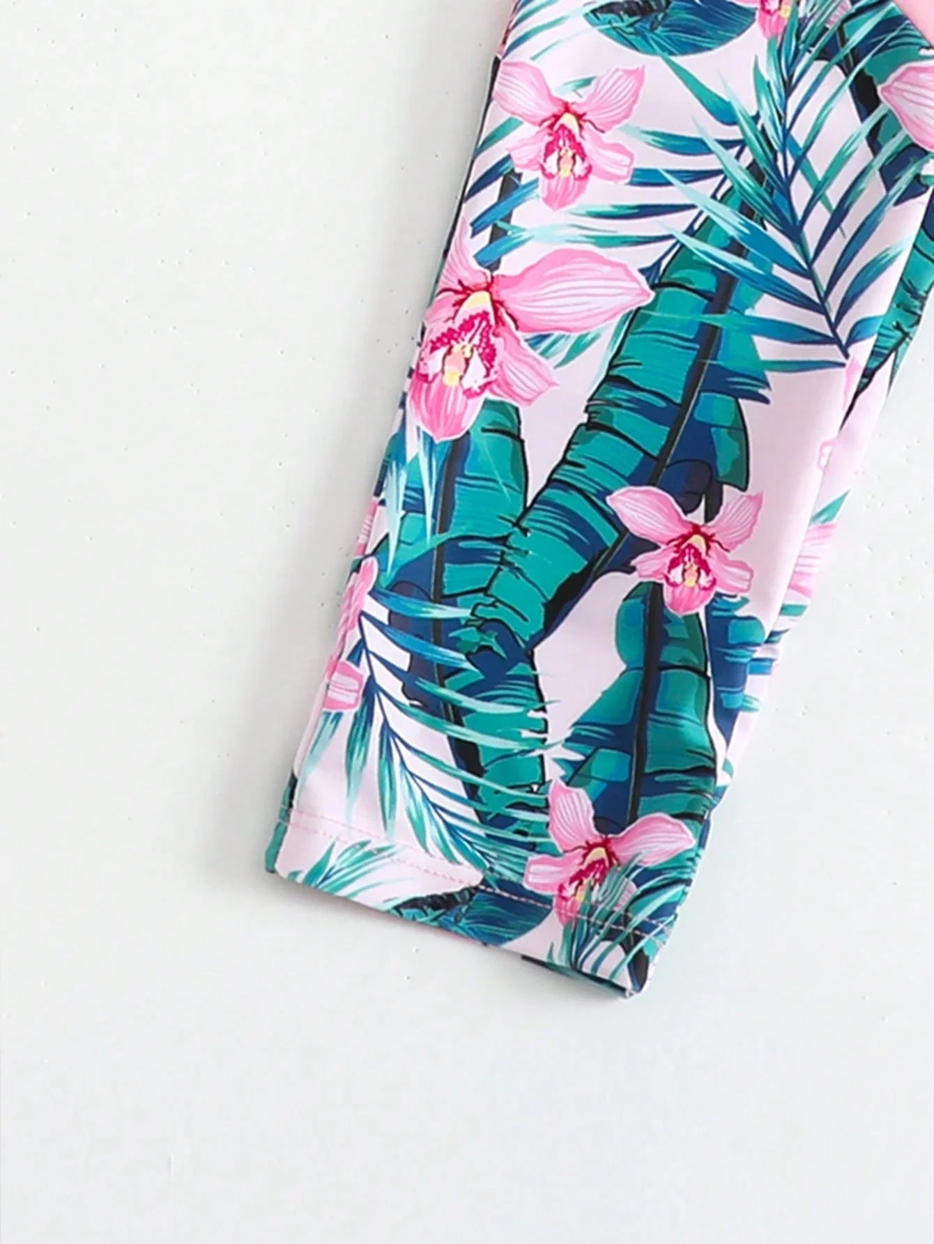Pink Tropical Print Patchwork Rash Guard Set For Women Beach Vacation Swimwear