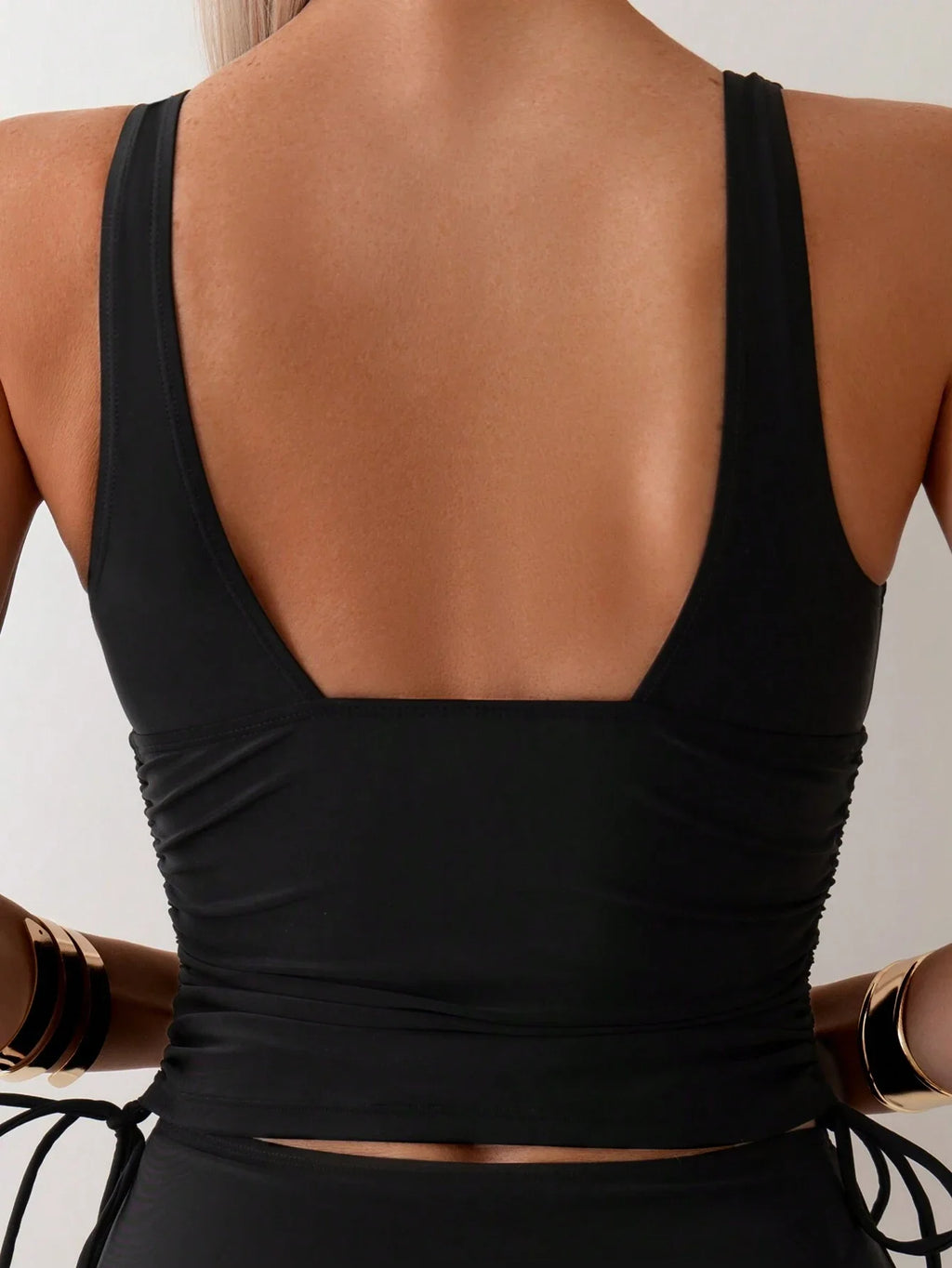 Women Plain Ruched Deep V-Neck Sleeveless Drawstring Tankini Swimwear Set