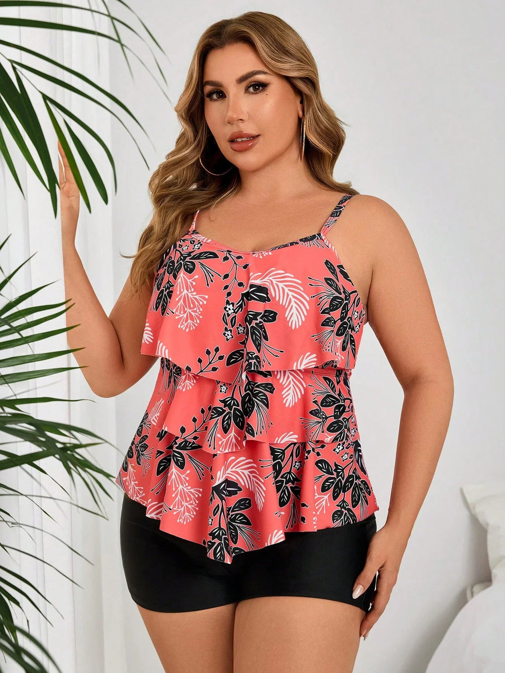 Coral Floral Print Ruffle Layered Crop Top With Solid Black Boyshorts Two Piece Plus Size Swimwear Set