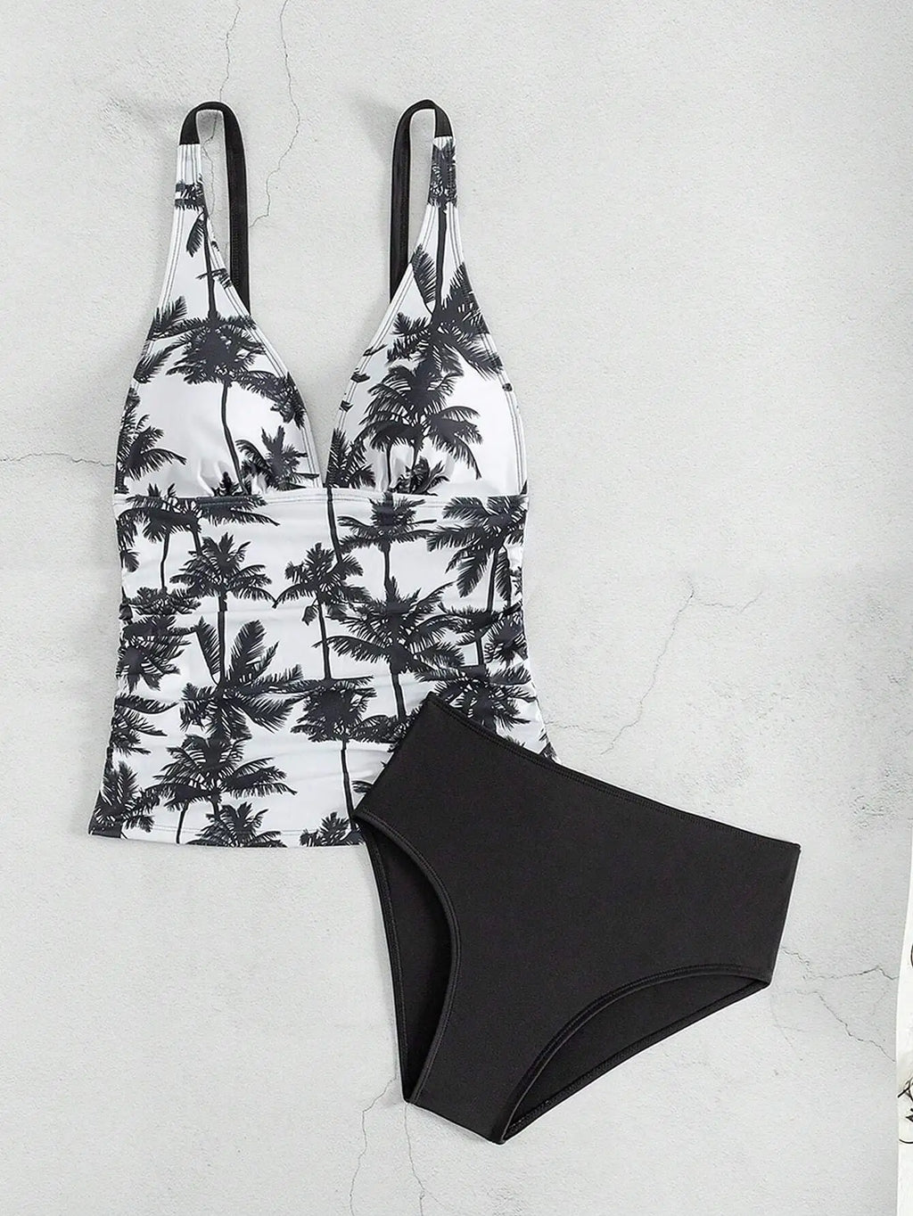 2 Piece Tankini Swimsuit Set Palm Print High Waisted Bikini Beach Vacation Swimwear