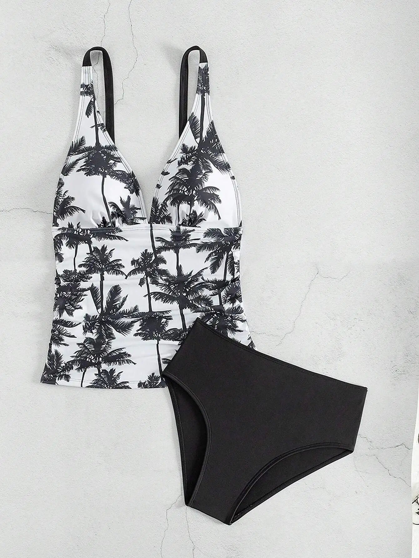 2 Piece Tankini Swimsuit Set Palm Print High Waisted Bikini Beach Vacation Swimwear