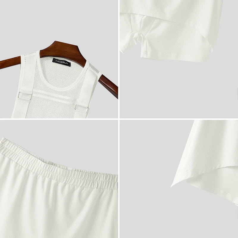 INCERUN Men Sets See Through Mesh Patchwork Tank Tops & Shorts Two Pieces Sets Streetwear Sexy Summer 2026 Casual Men's Suits