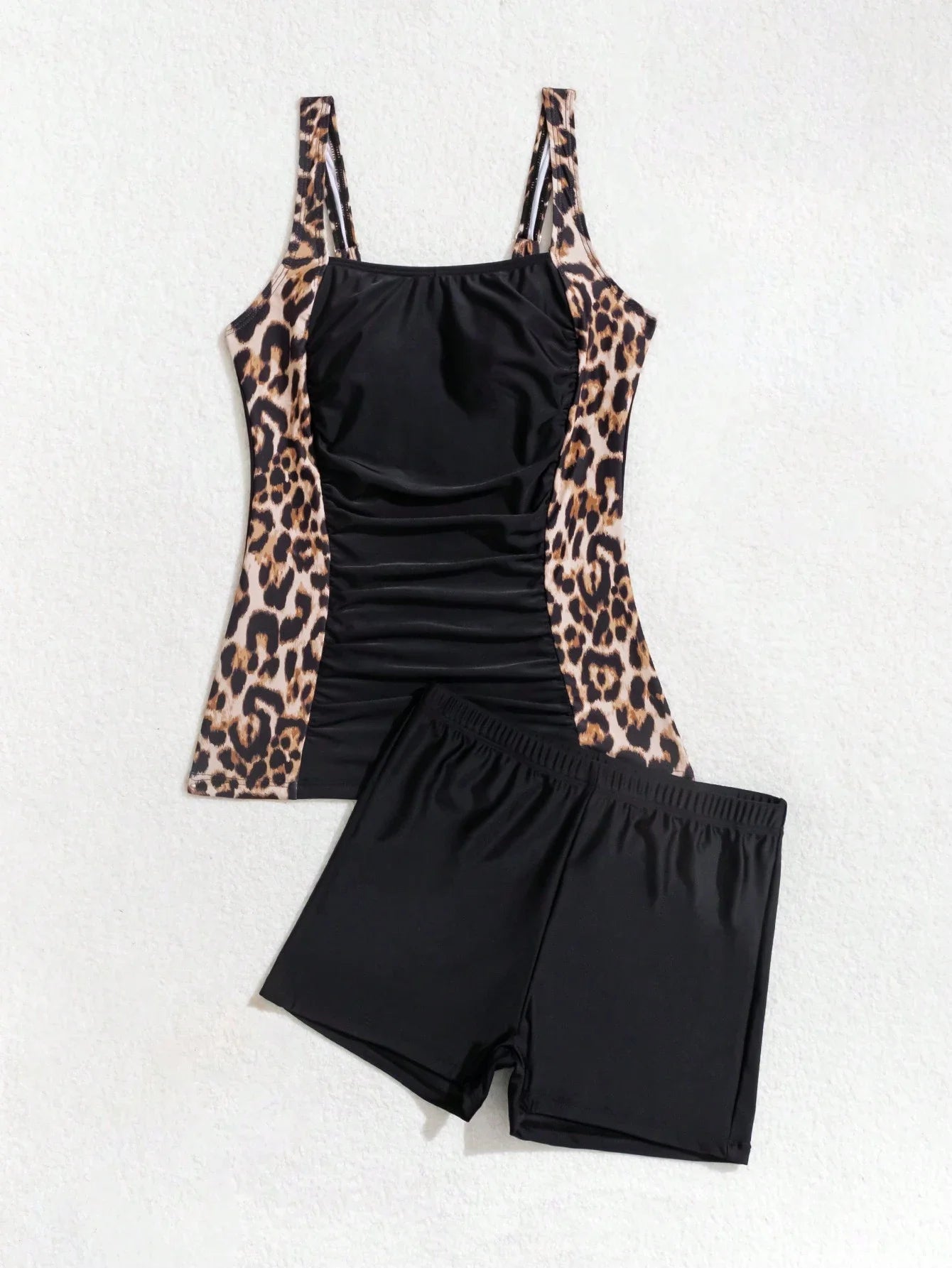 Leopard Print Tankini Top And Shorts Set Women Solid Black Sleeveless Ruched Swimwear For Beach Vacation