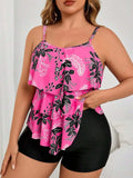 Coral Floral Print Ruffle Layered Crop Top With Solid Black Boyshorts Two Piece Plus Size Swimwear Set