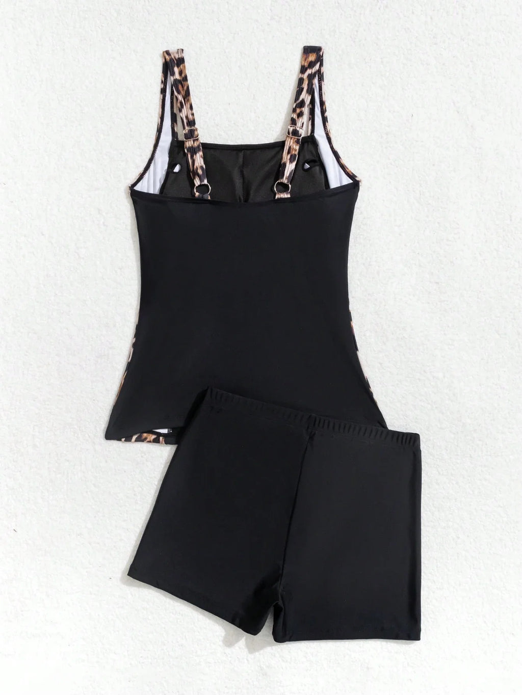 Leopard Print Tankini Top And Shorts Set Women Solid Black Sleeveless Ruched Swimwear For Beach Vacation