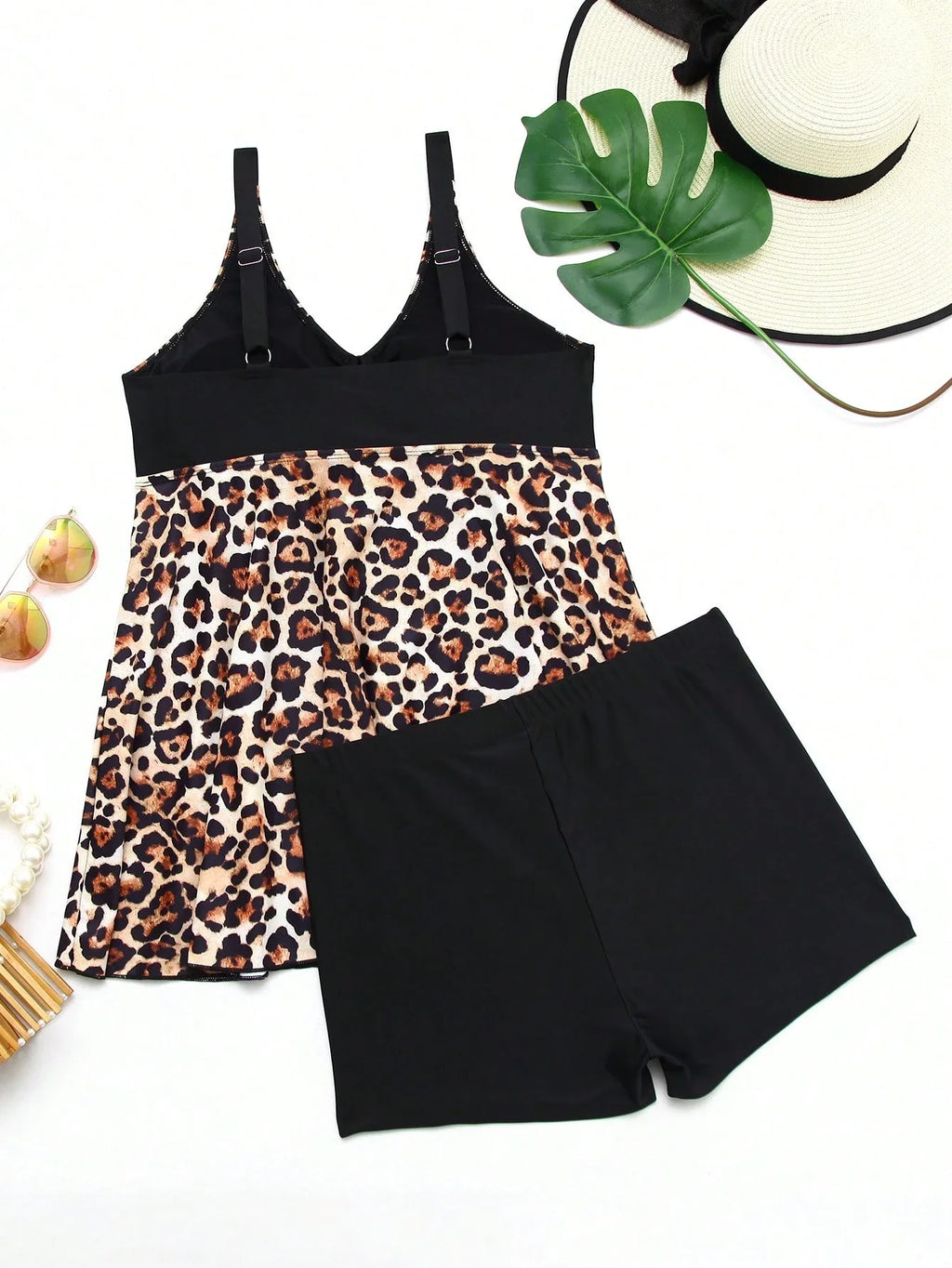 Women's Leopard Print Black Skirt Style Two Piece Swimwear Deep V Neck Plus Size Tankini