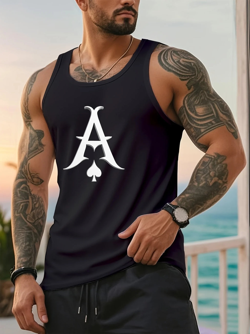 Short-sleeved shirt with black heart pattern, tied vest for men in summer
