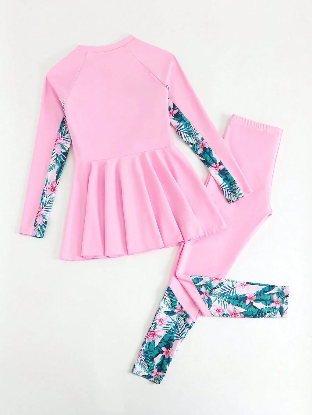 Pink Tropical Print Patchwork Rash Guard Set For Women Beach Vacation Swimwear