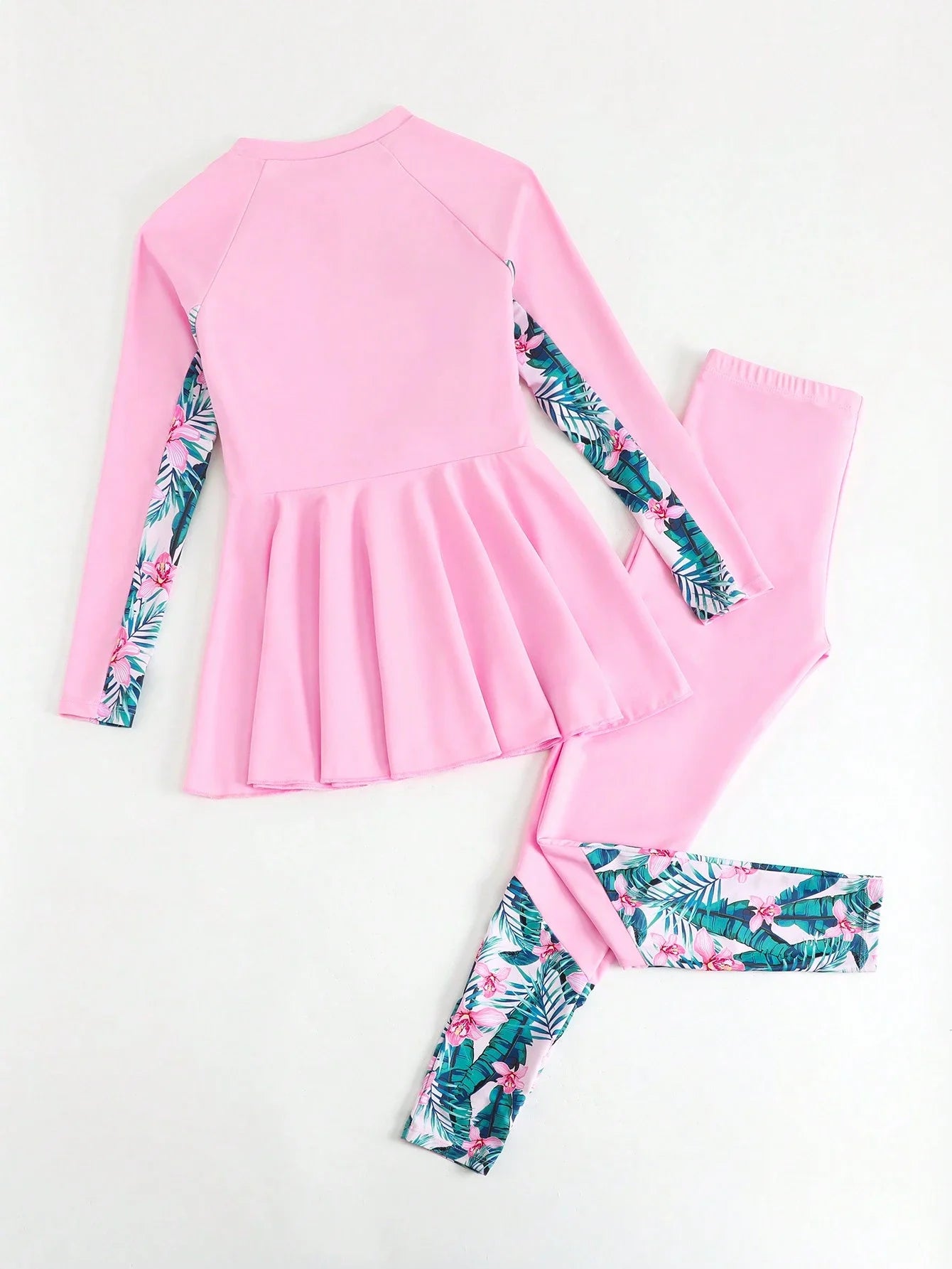 Pink Tropical Print Patchwork Rash Guard Set For Women Beach Vacation Swimwear