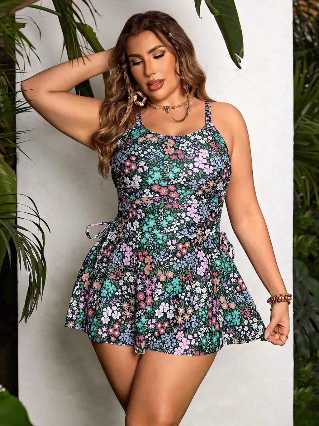 Plus Size Women Summer Floral Print U-Neck Tankini Swimwear With Beach Dress