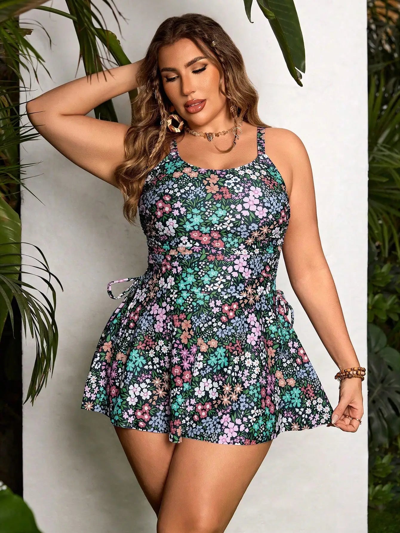 Plus Size Women Summer Floral Print U-Neck Tankini Swimwear With Beach Dress
