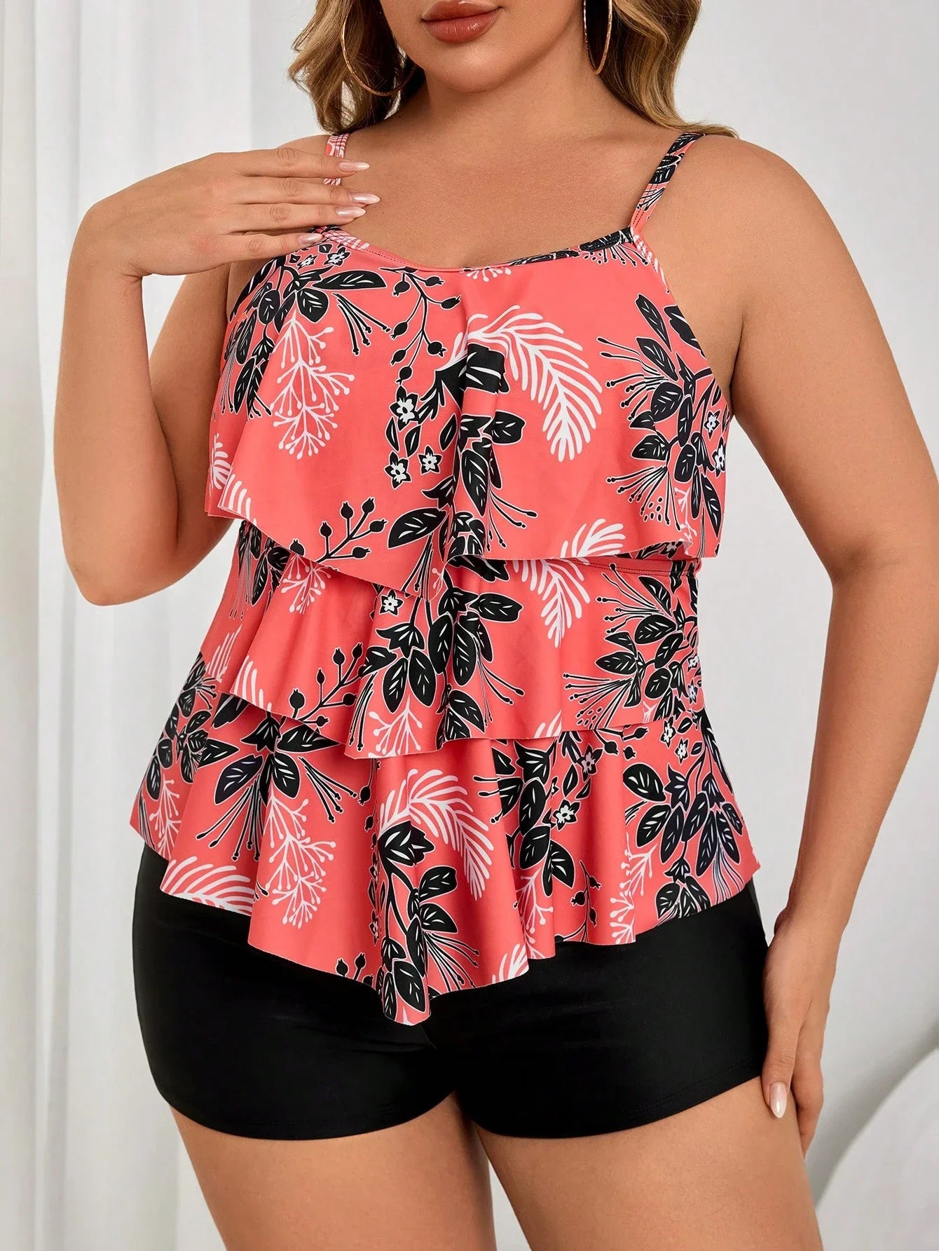 Coral Floral Print Ruffle Layered Crop Top With Solid Black Boyshorts Two Piece Plus Size Swimwear Set