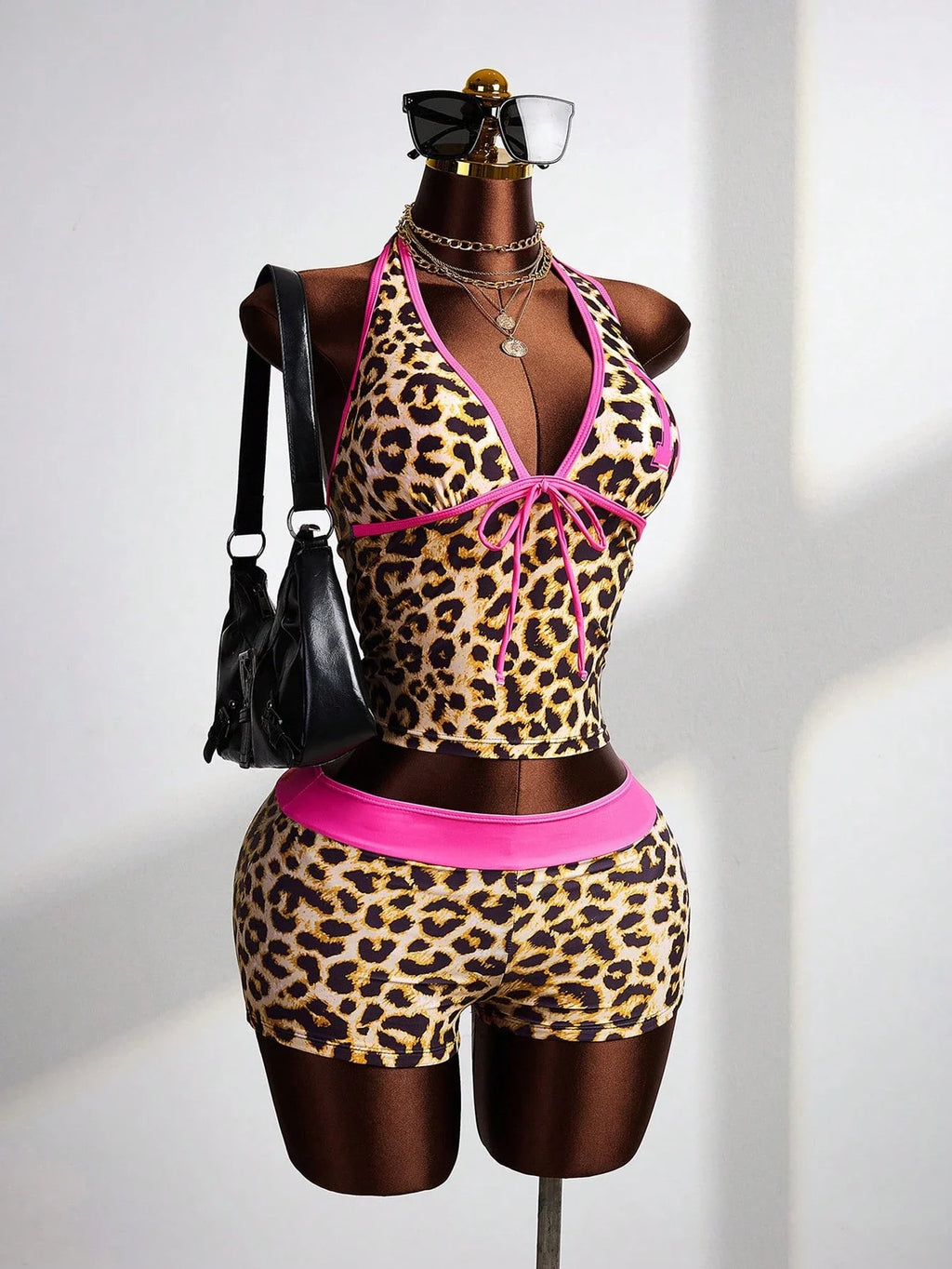 Leopard Print Halter Tankini Set With Pink Trim Cheeky Shorts Festival Beach Swimwear