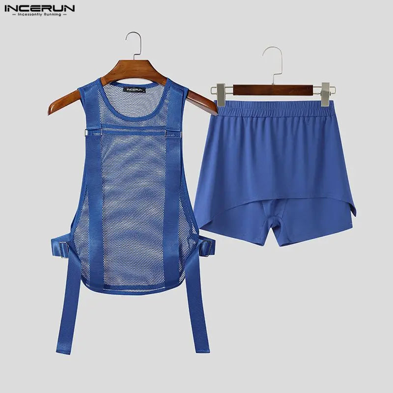 INCERUN Men Sets See Through Mesh Patchwork Tank Tops & Shorts Two Pieces Sets Streetwear Sexy Summer 2026 Casual Men's Suits
