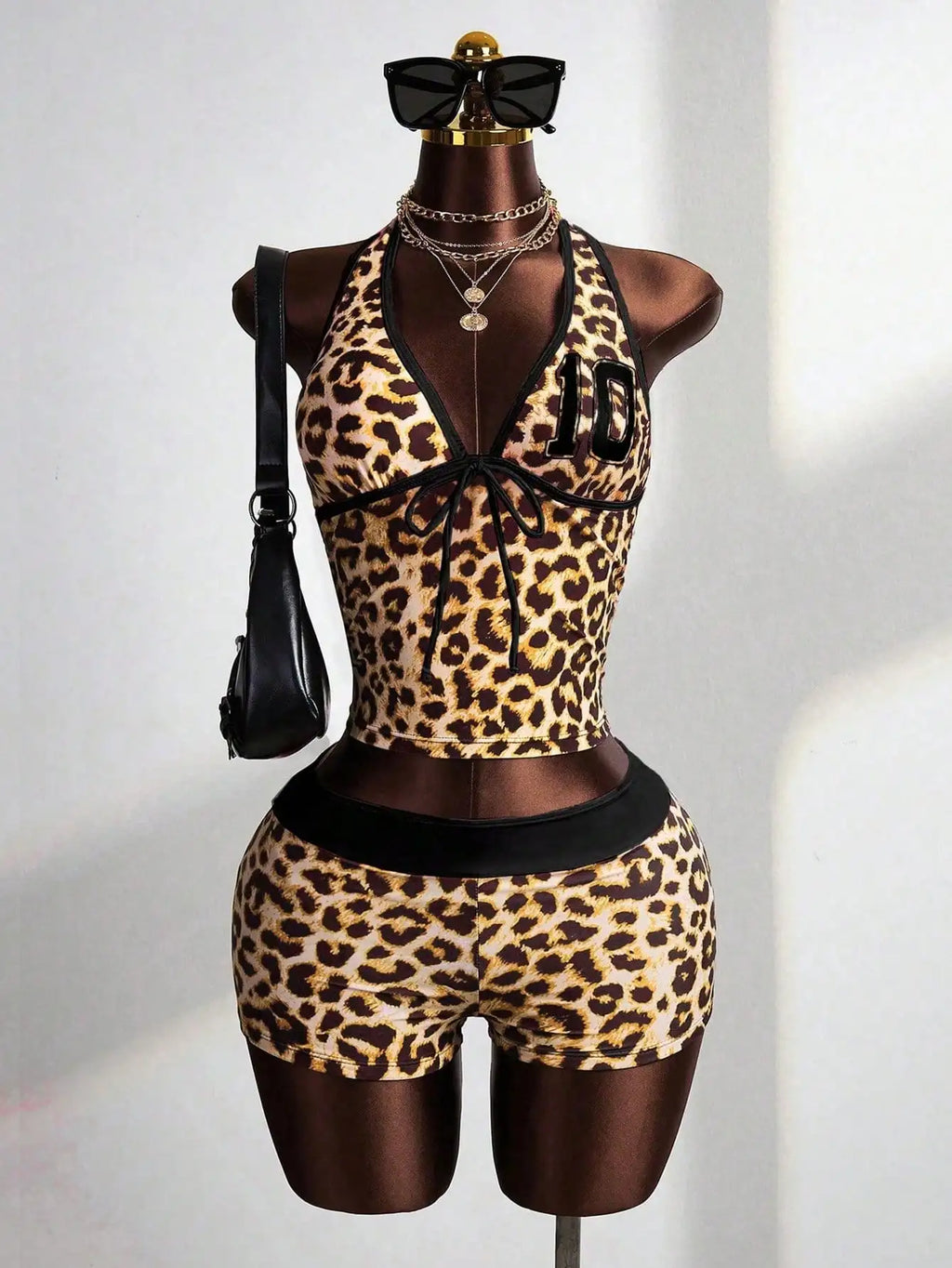 Leopard Print Halter Tankini Set With Pink Trim Cheeky Shorts Festival Beach Swimwear