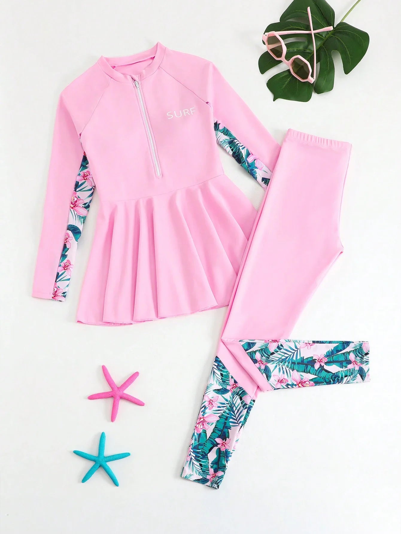 Pink Tropical Print Patchwork Rash Guard Set For Women Beach Vacation Swimwear