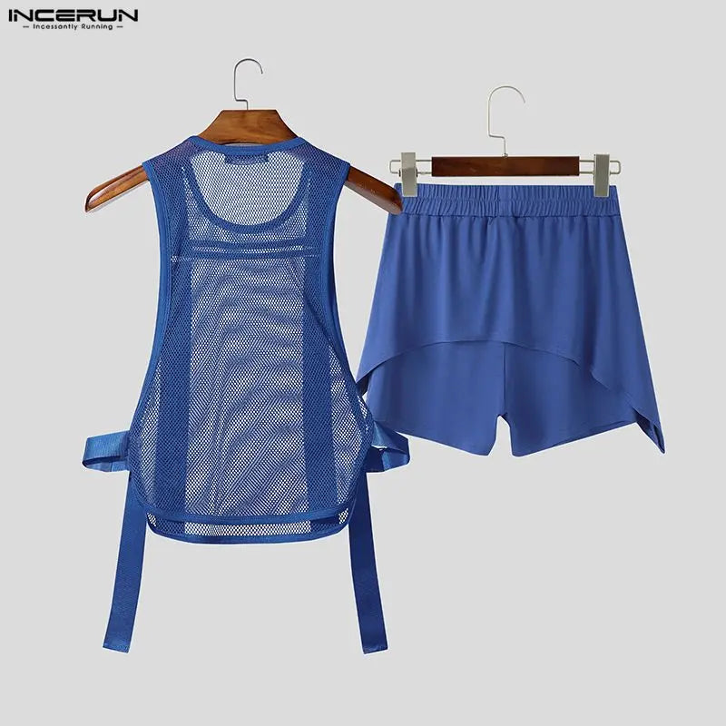 INCERUN Men Sets See Through Mesh Patchwork Tank Tops & Shorts Two Pieces Sets Streetwear Sexy Summer 2026 Casual Men's Suits