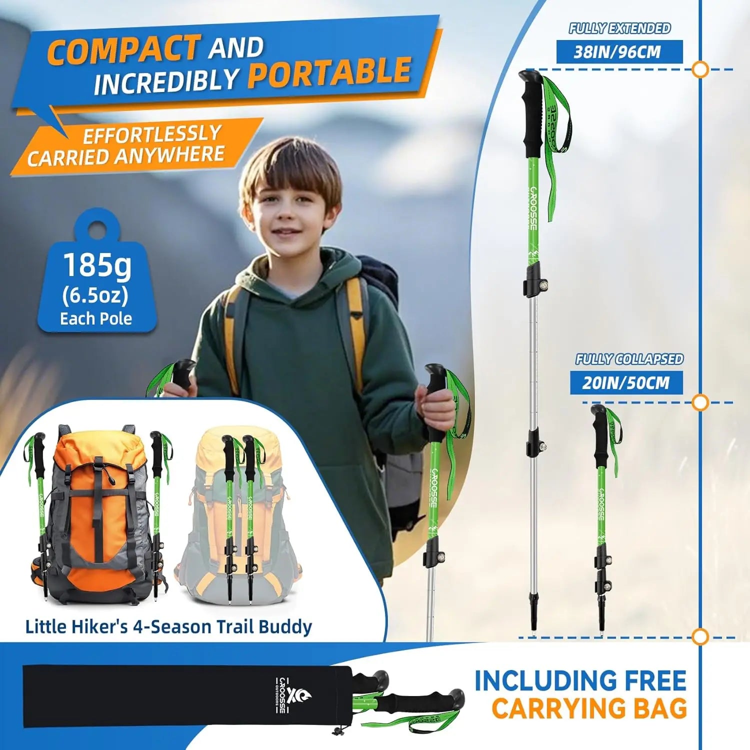 Lightweight Collapsible Kids Hiking Poles - Retractable Kids Hiking Stick, Telescoping Aluminum Trekking Poles 2 Pack