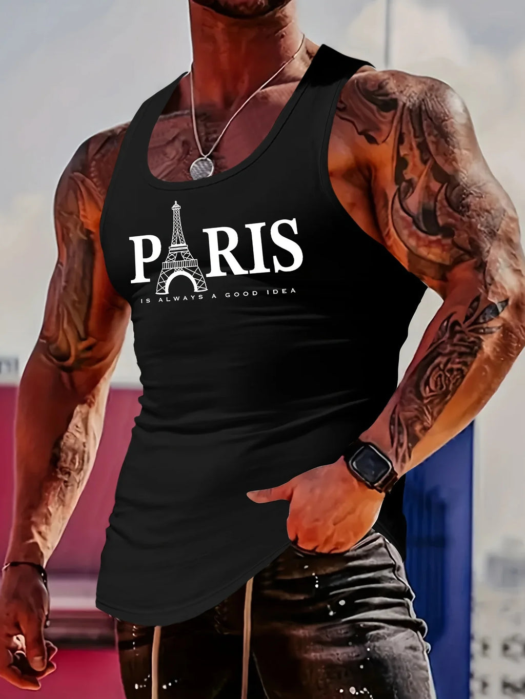 Men's trendy tower letter print fitted muscle tank top - a must-have for both fitness and fashion!
