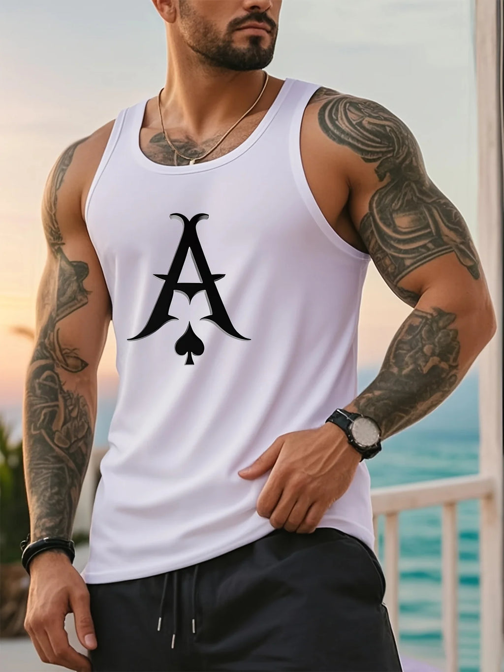 Short-sleeved shirt with black heart pattern, tied vest for men in summer