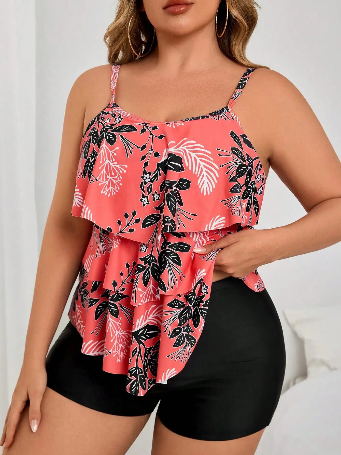 Coral Floral Print Ruffle Layered Crop Top With Solid Black Boyshorts Two Piece Plus Size Swimwear Set
