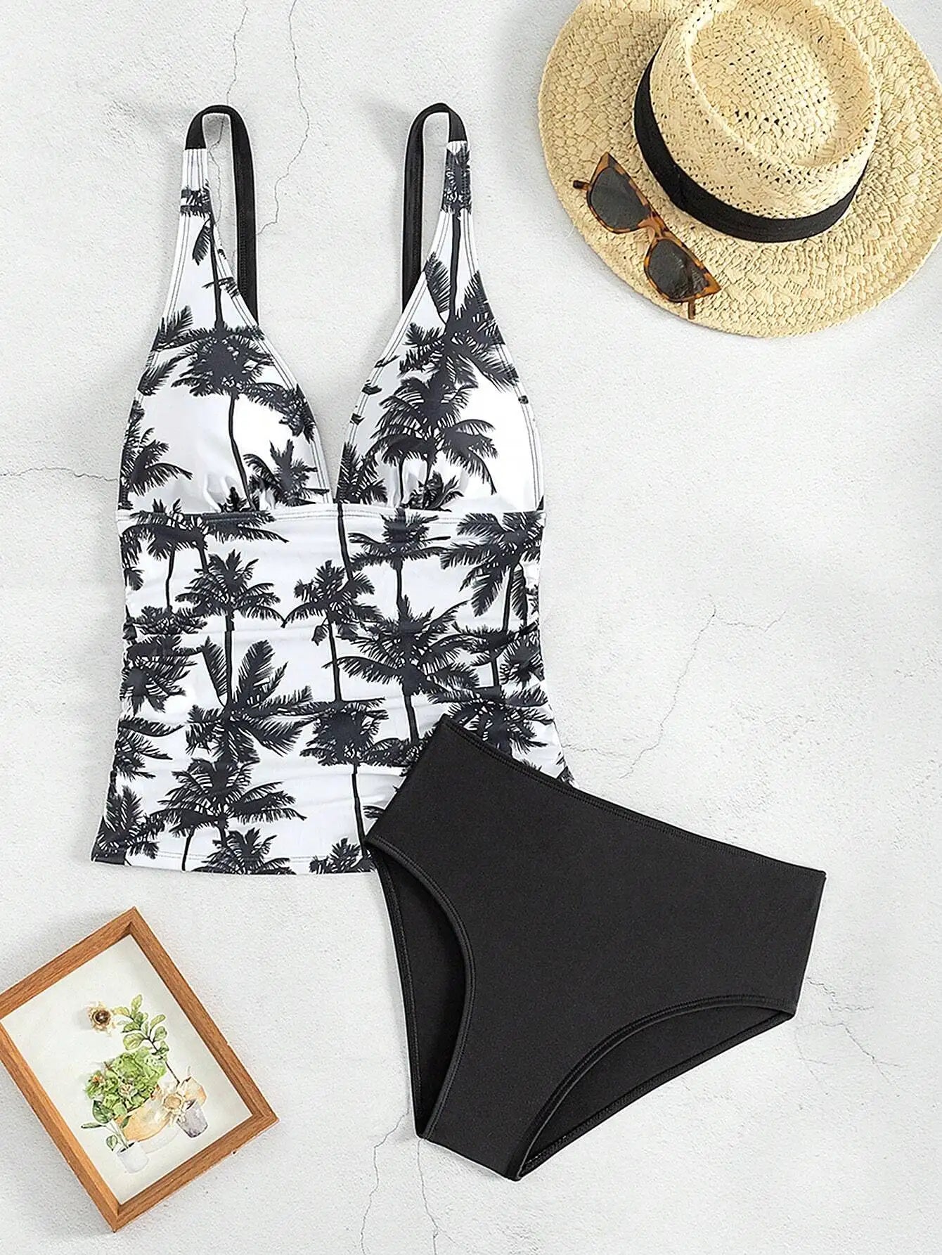2 Piece Tankini Swimsuit Set Palm Print High Waisted Bikini Beach Vacation Swimwear