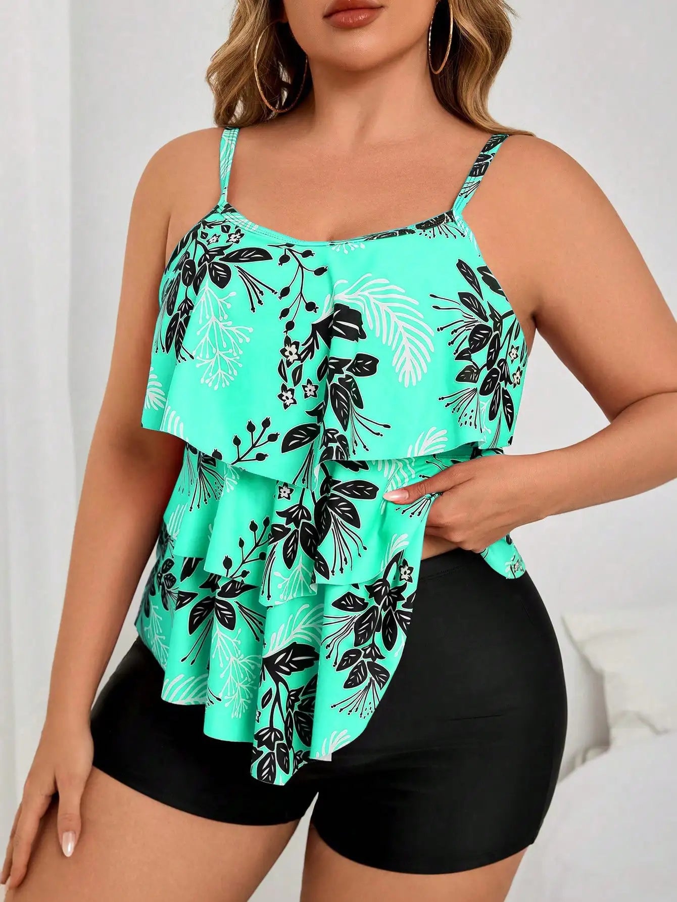Coral Floral Print Ruffle Layered Crop Top With Solid Black Boyshorts Two Piece Plus Size Swimwear Set
